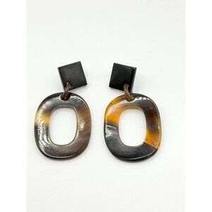 Geometric Black & Brown Resin Dangle Earrings With Open Oval Design Lightweight